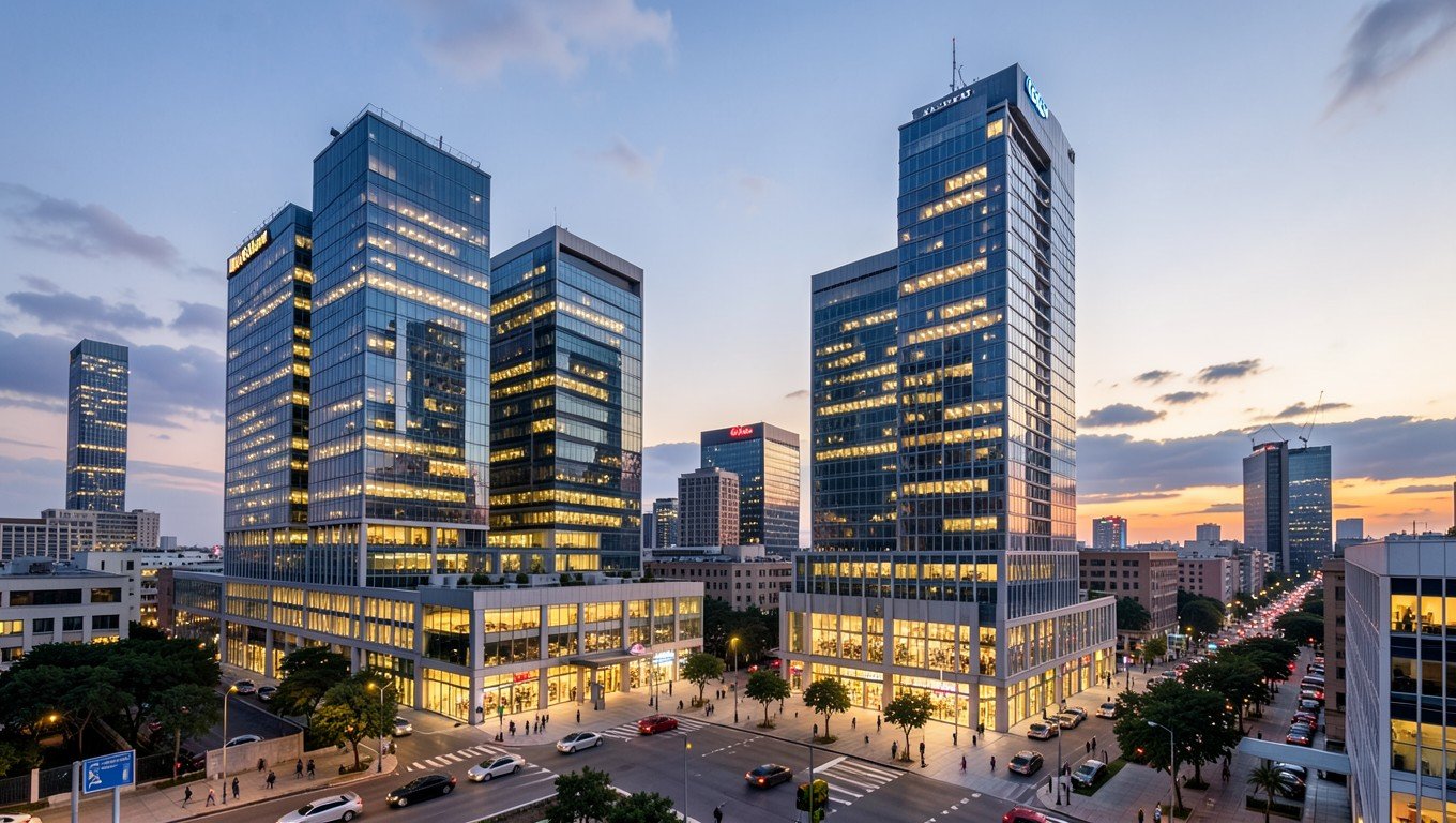 Ciudad con distrito empresarial y rascacielos — entorno corporativo
